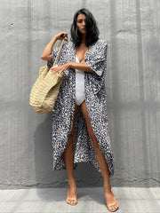 Leopard Print Cover Up Shirt V Neck Half Sleeve Loose Fit