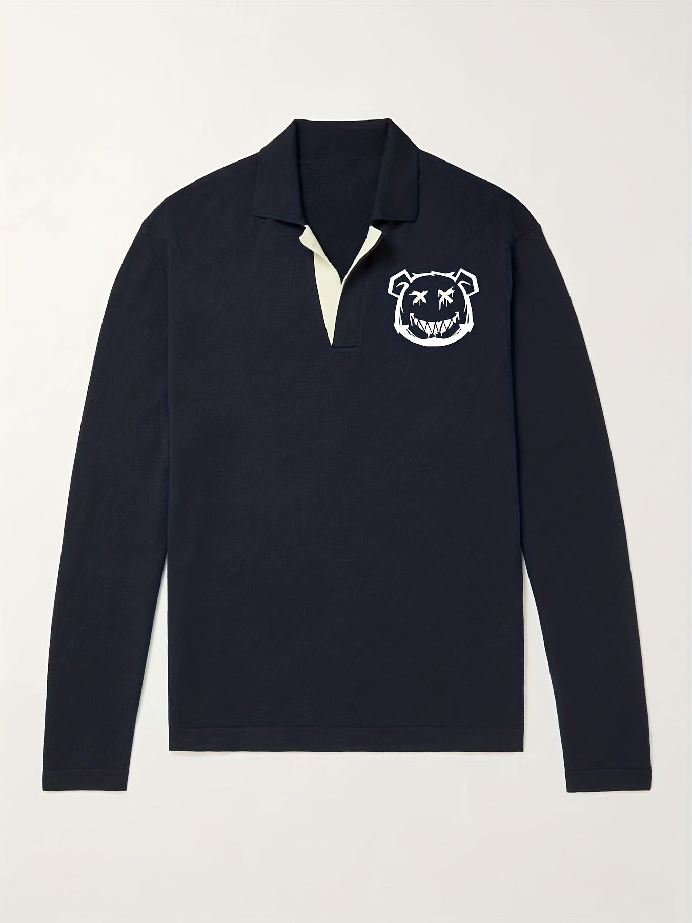 Bear Pattern Knit Polo Shirt Men's Casual Lapel Pullover Sweater
