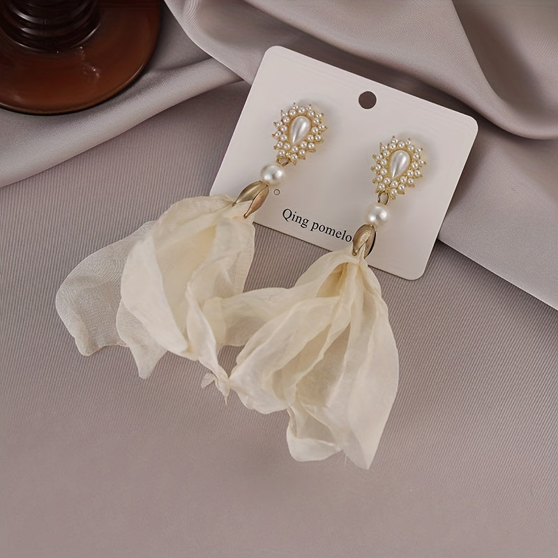 Pearl & Chiffon Drop Earrings - Fashionable Jewelry for Women