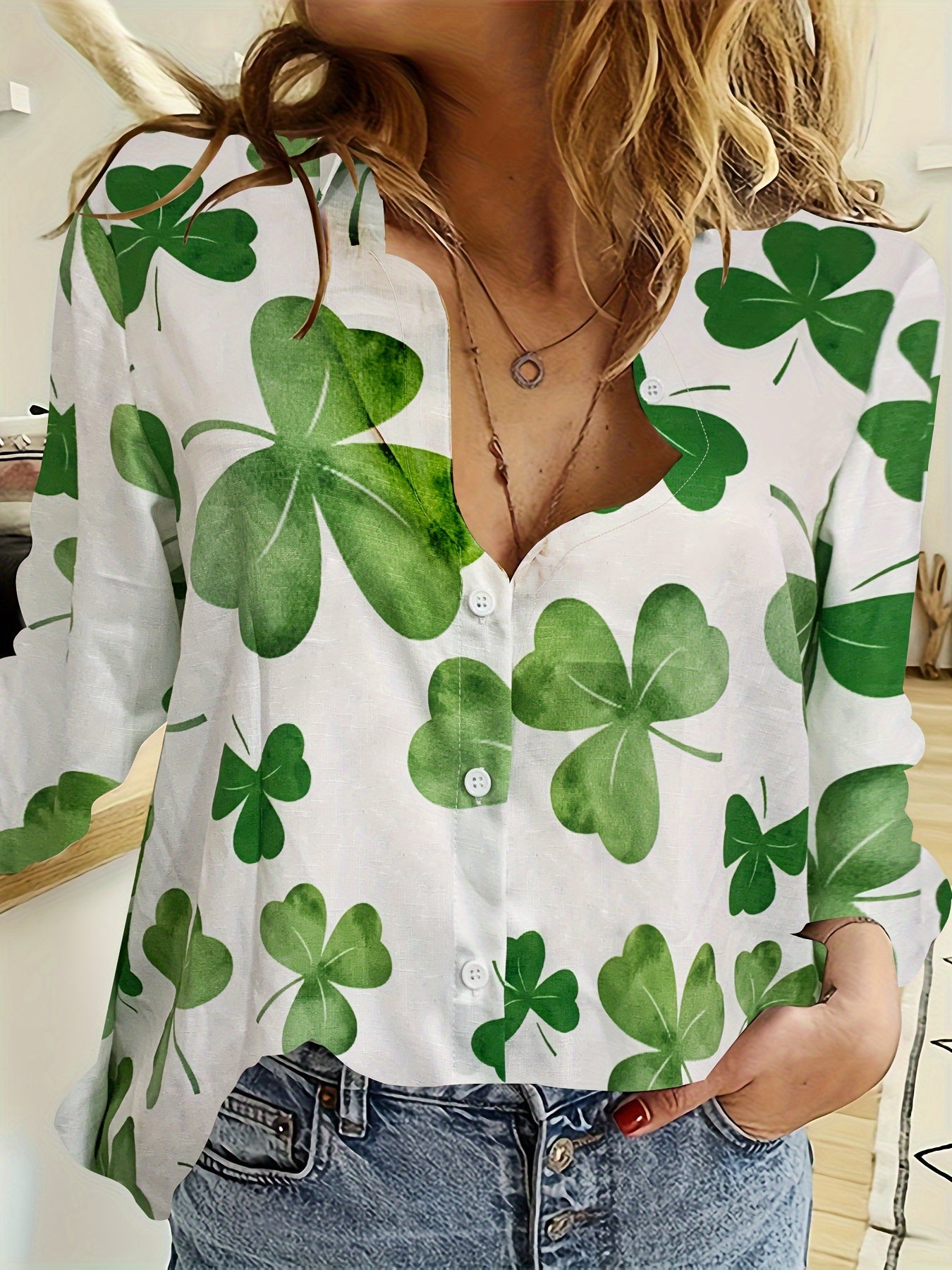  Shamrock Print Button Up Long Sleeve Blouse