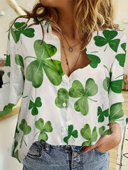  Shamrock Print Button Up Long Sleeve Blouse
