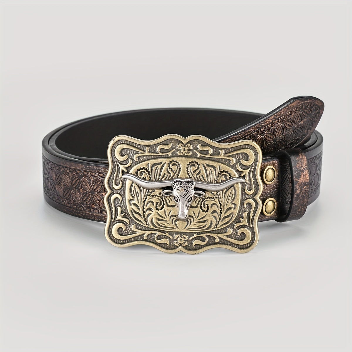 Cattle Long Horn Buckle Floral Pattern Belt Western Cowboy Leather Vintage Belt