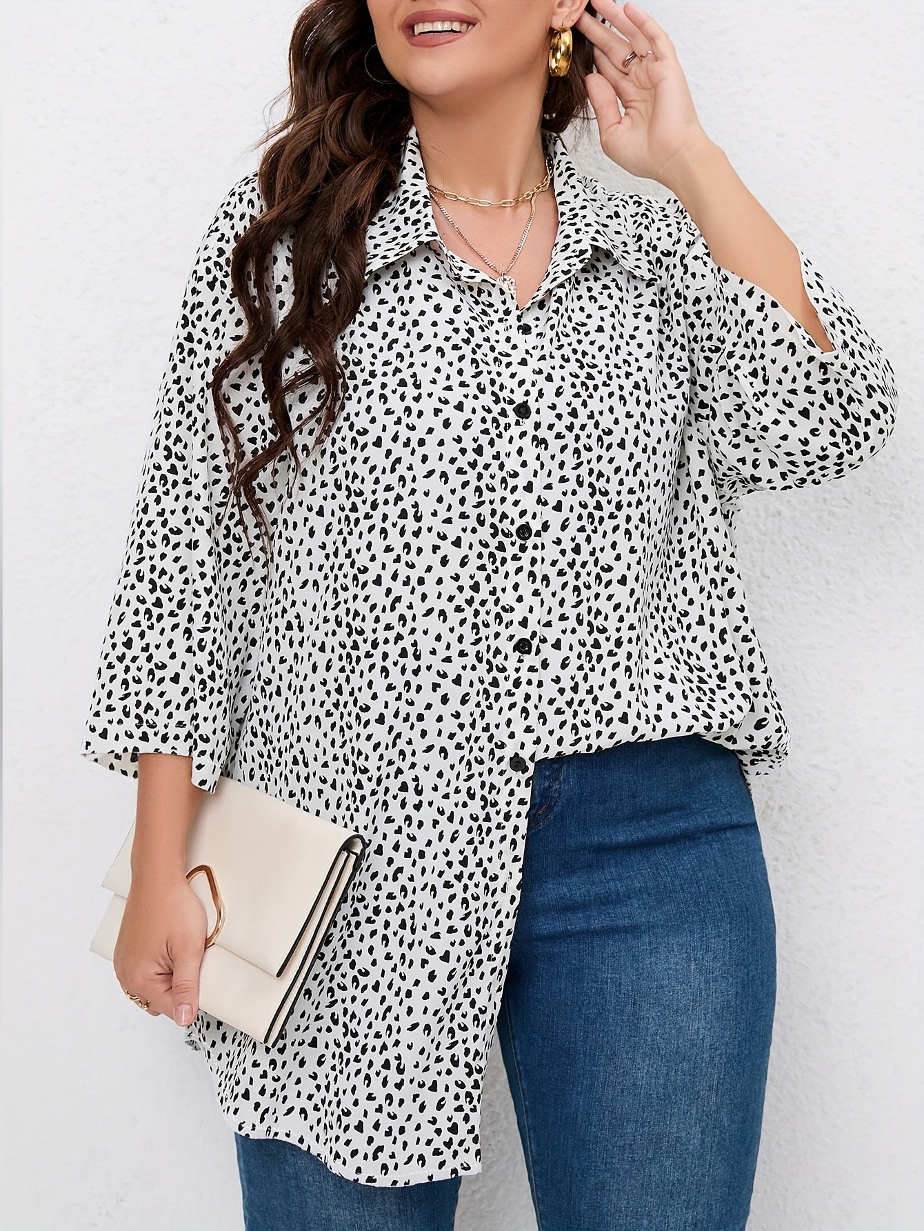 Dalmatian Print Button Up Tunic Shirt Top