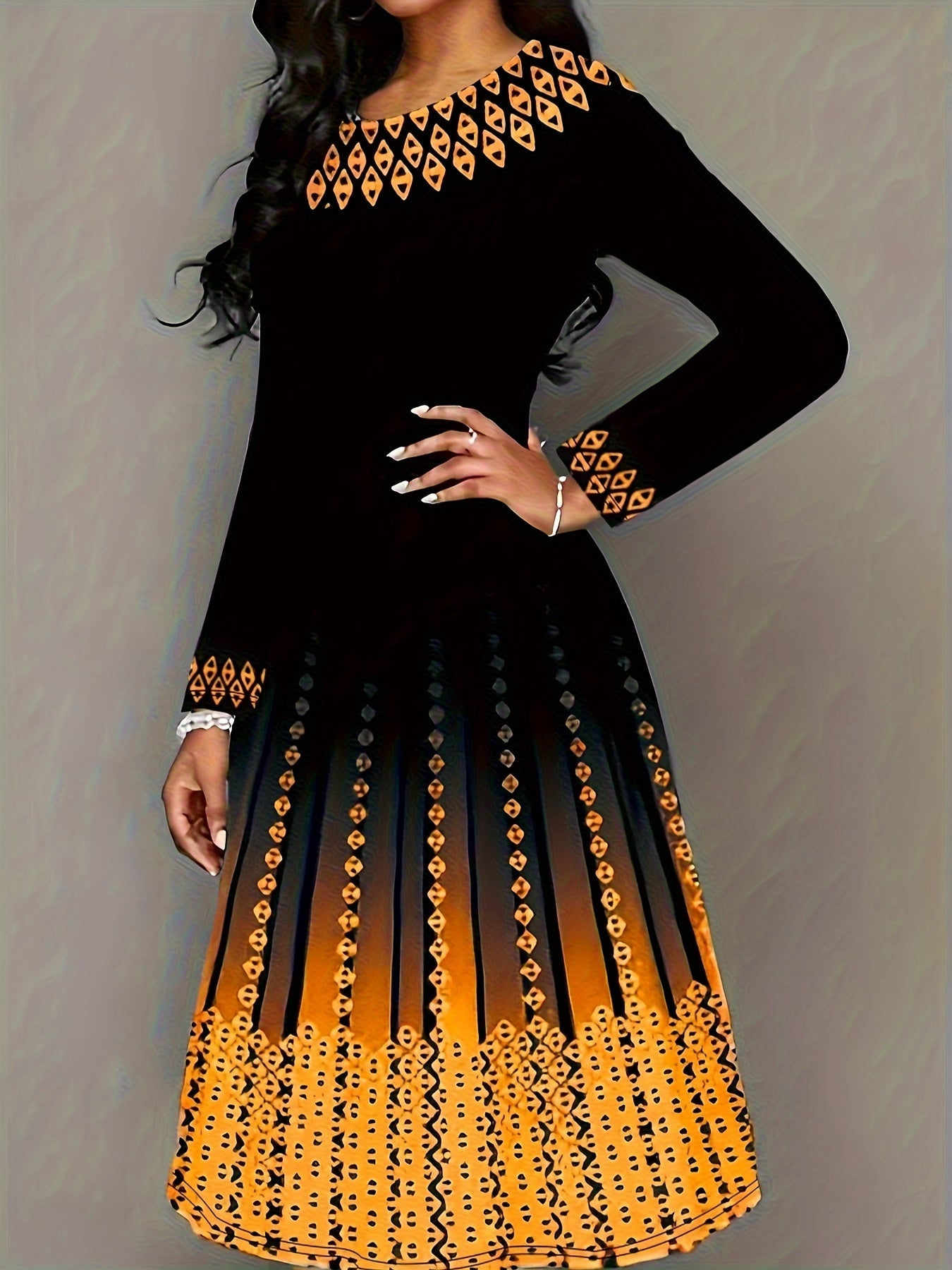  Geometric Print Long Sleeve Round Neck Dress