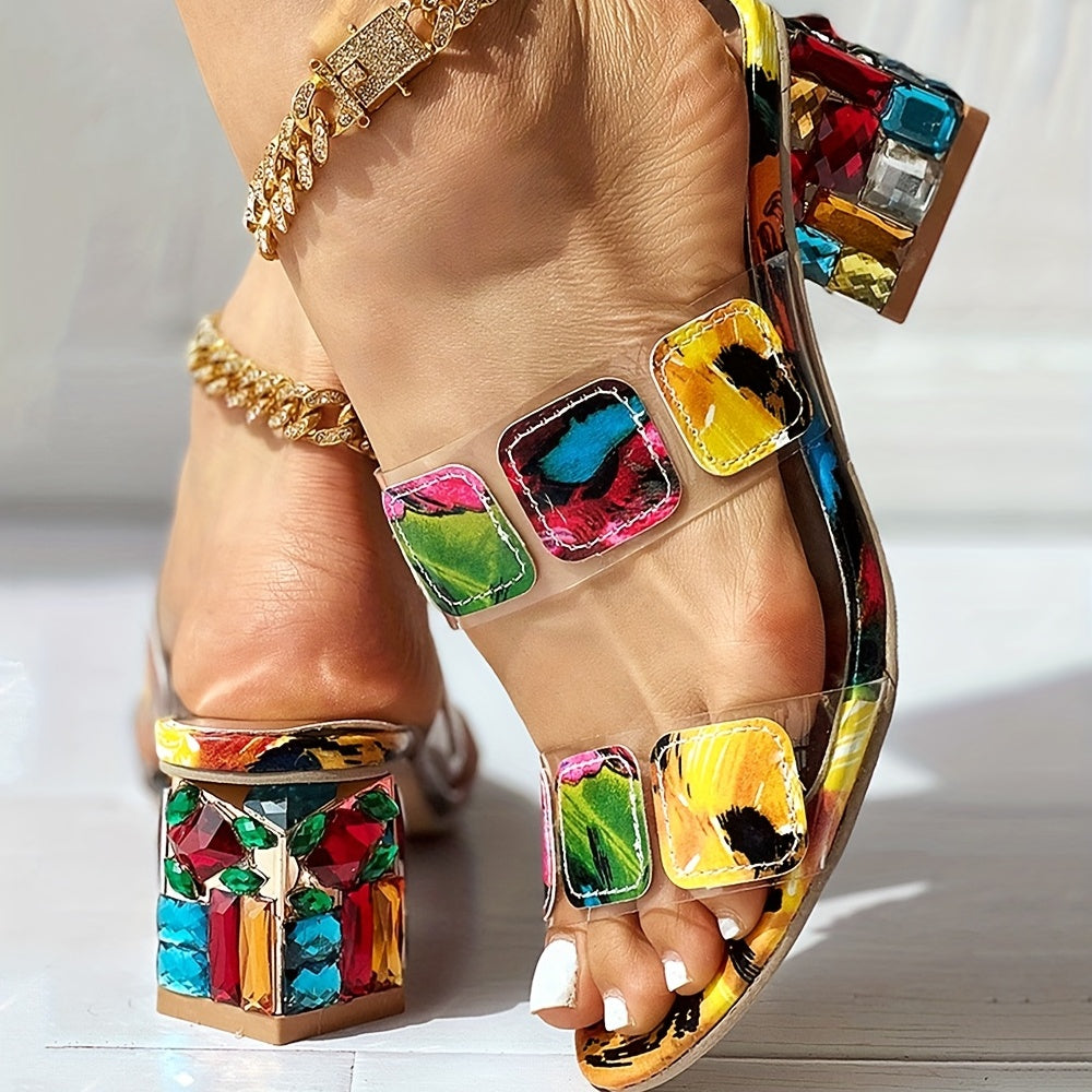 Women's Rhinestone Heeled Sandals Open Toe Chunky Heels