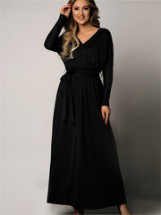  Long Sleeve V Neck Maxi Dress With Belt