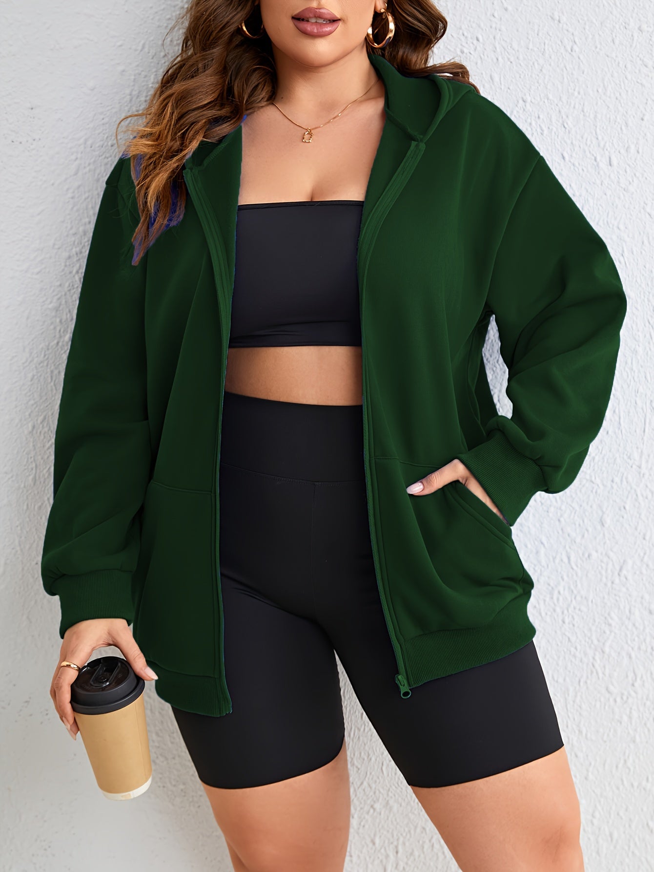  Long Sleeve Zip Hooded Coat with Pockets