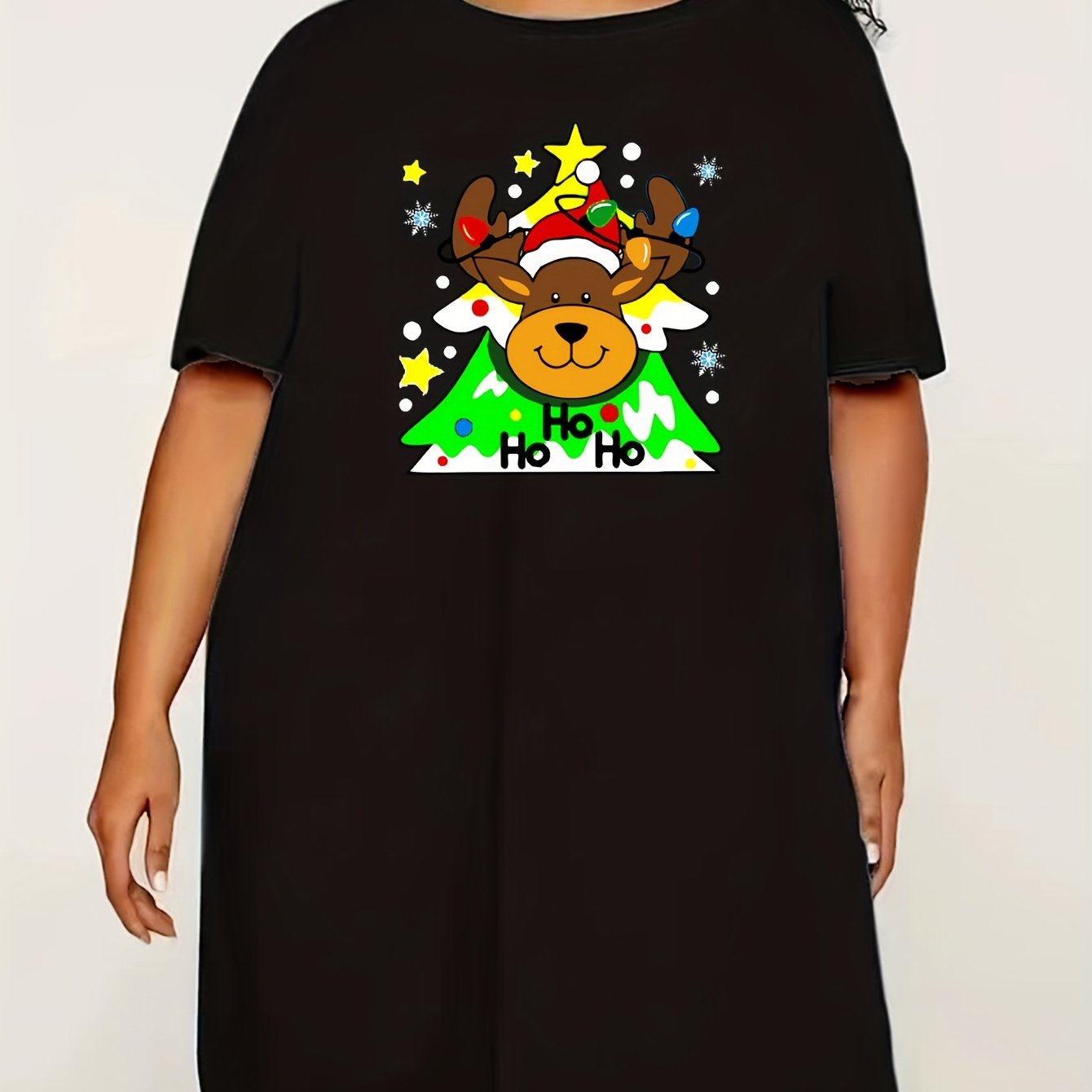  Christmas Lounge Dress Cartoon Deer Print Short Sleeve Nightdress