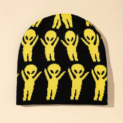 Yellow Alien Jacquard Beanie Casual Y2K Unisex Skull Hat