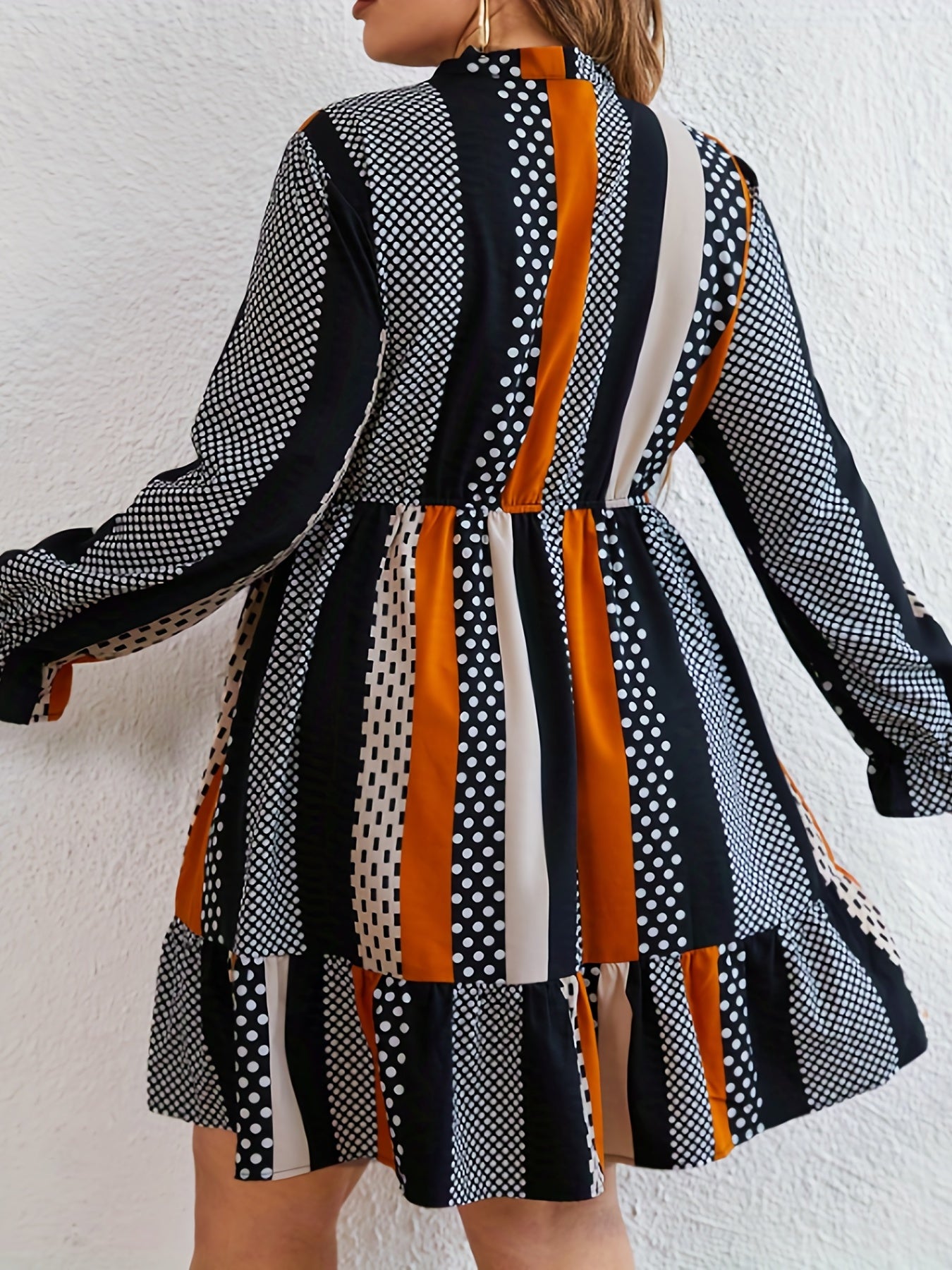  Colorblock Dot Print Button Up Lantern Sleeve Bow Knot Smock Dress