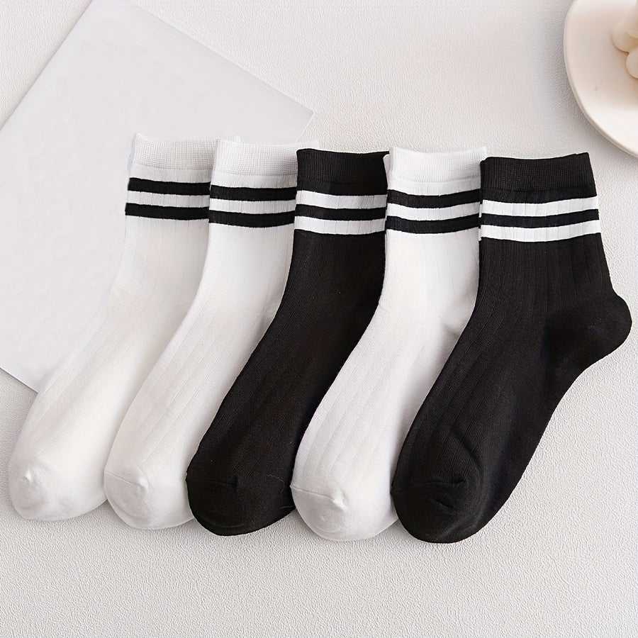 5 Pairs Striped Crew Socks for Sports Women's Stockings