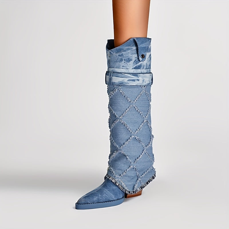 Women's Tie Dye Plaid Boots Point Toe Mid-Calf Chunky Heel Shoes