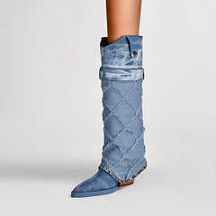 Women's Tie Dye Plaid Boots Point Toe Mid-Calf Chunky Heel Shoes