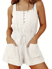 Drawstring Waist Romper Jumpsuit with Pockets