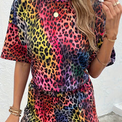 Women's All Over Print Lounge Set Short Sleeve Crew Neck Top & Shorts