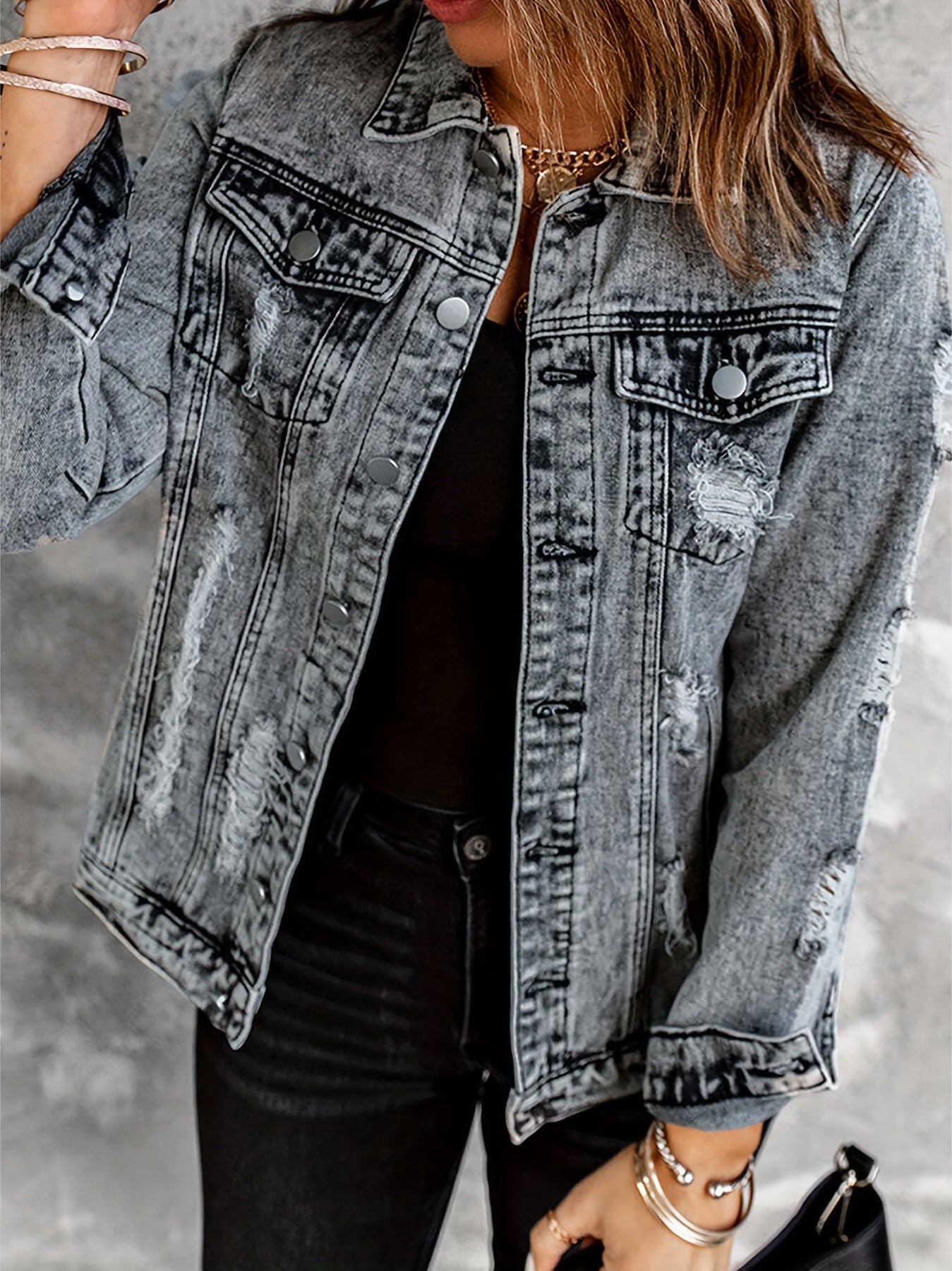  Casual Denim Jacket Women's Washed Ripped Collar Denim Jacket