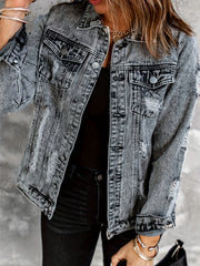  Casual Denim Jacket Women's Washed Ripped Collar Denim Jacket