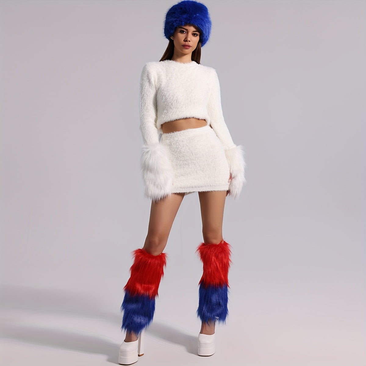 Colorblock Fuzzy Leg Warmers Warm Knee High Socks Women's Stockings