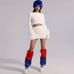 Colorblock Fuzzy Leg Warmers Warm Knee High Socks Women's Stockings