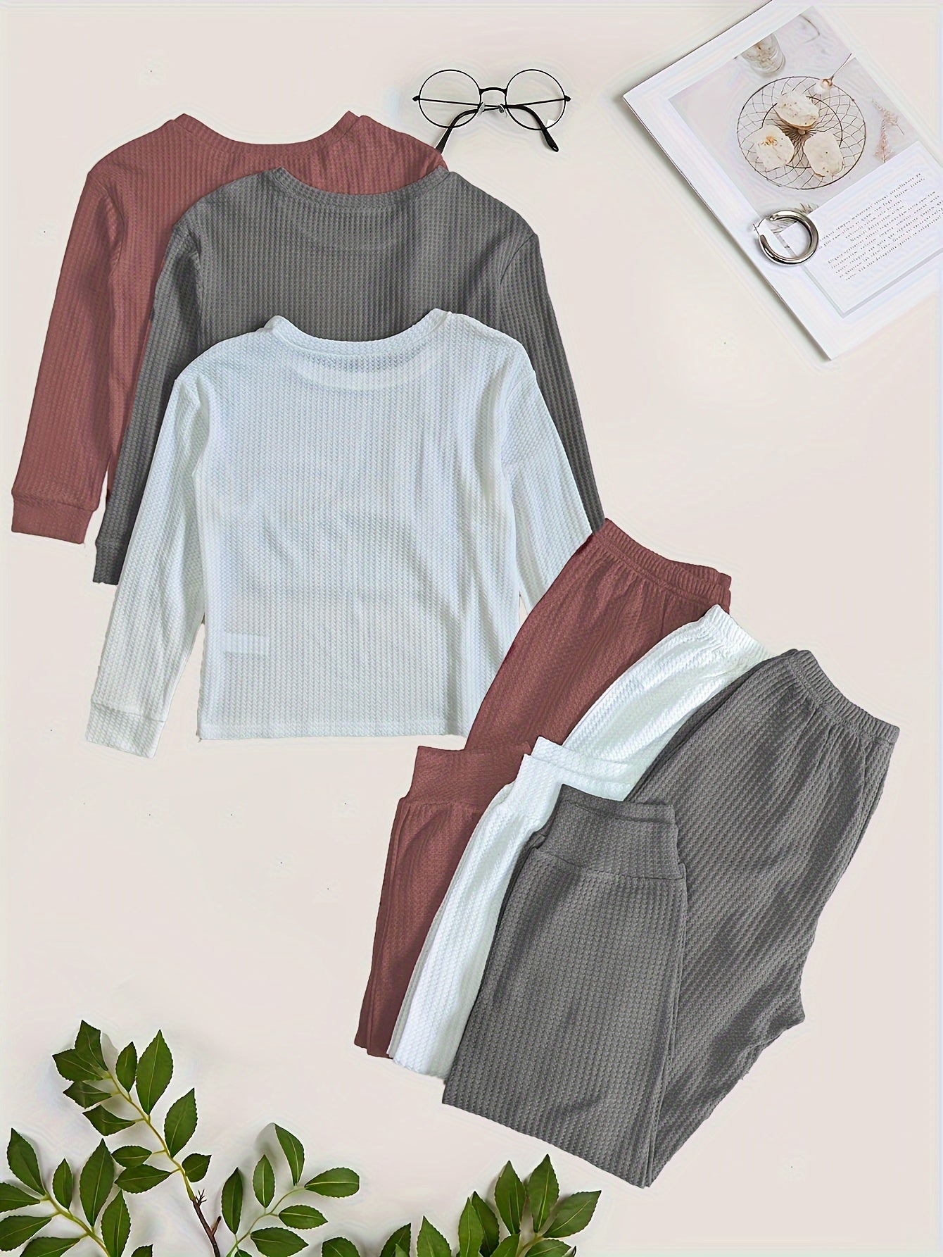 Solid Ribbed Lounge Set Long Sleeve Crew Neck Top & Elastic Waistband Pants