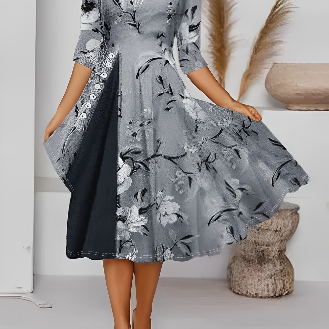  Floral Print Shawl Neck Half Sleeve Dress