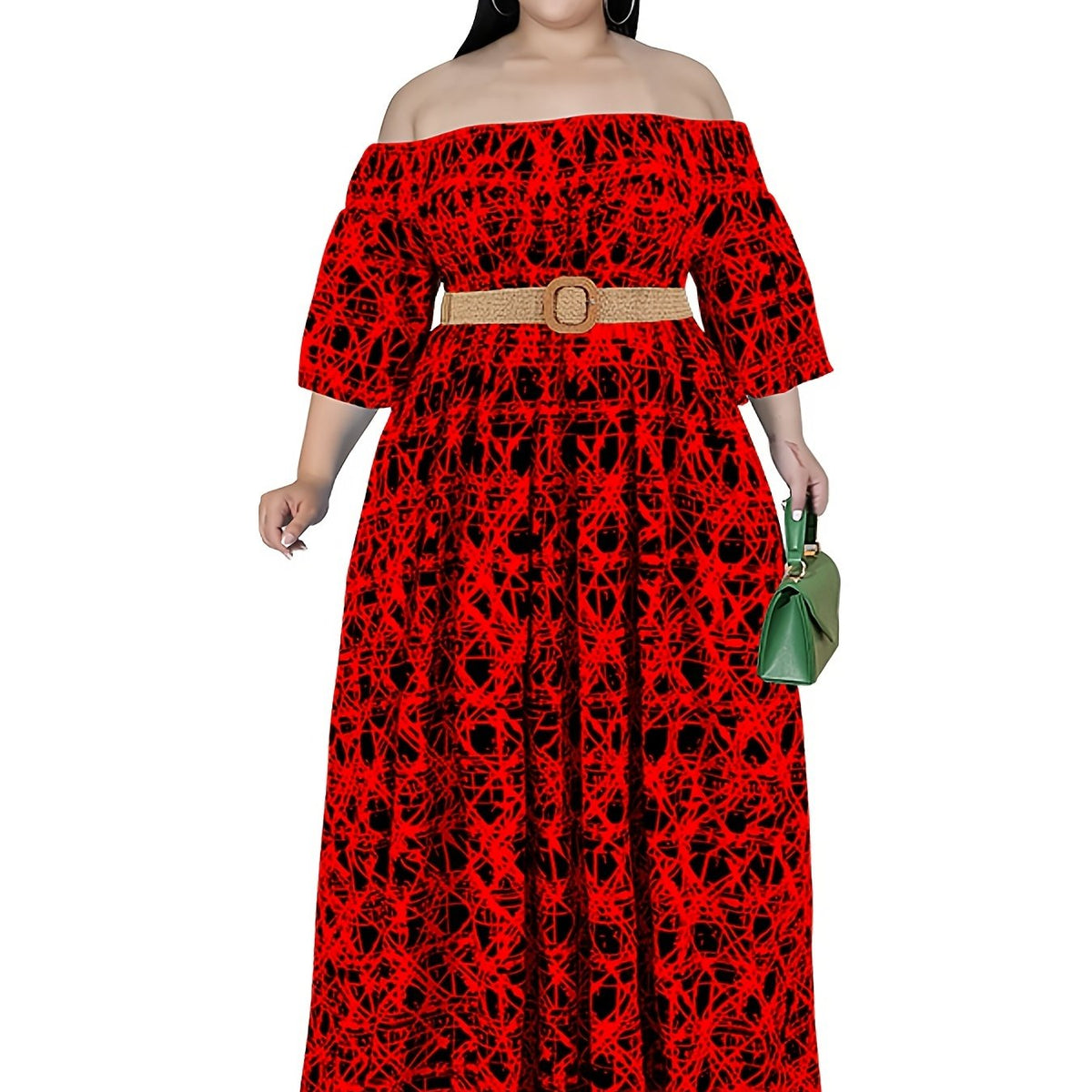 Graphic Print Off Shoulder Maxi Dress Plus Medium Stretch
