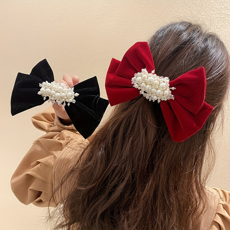 Bow & Faux Pearl Hair Clip Velvet Barrette Headwear