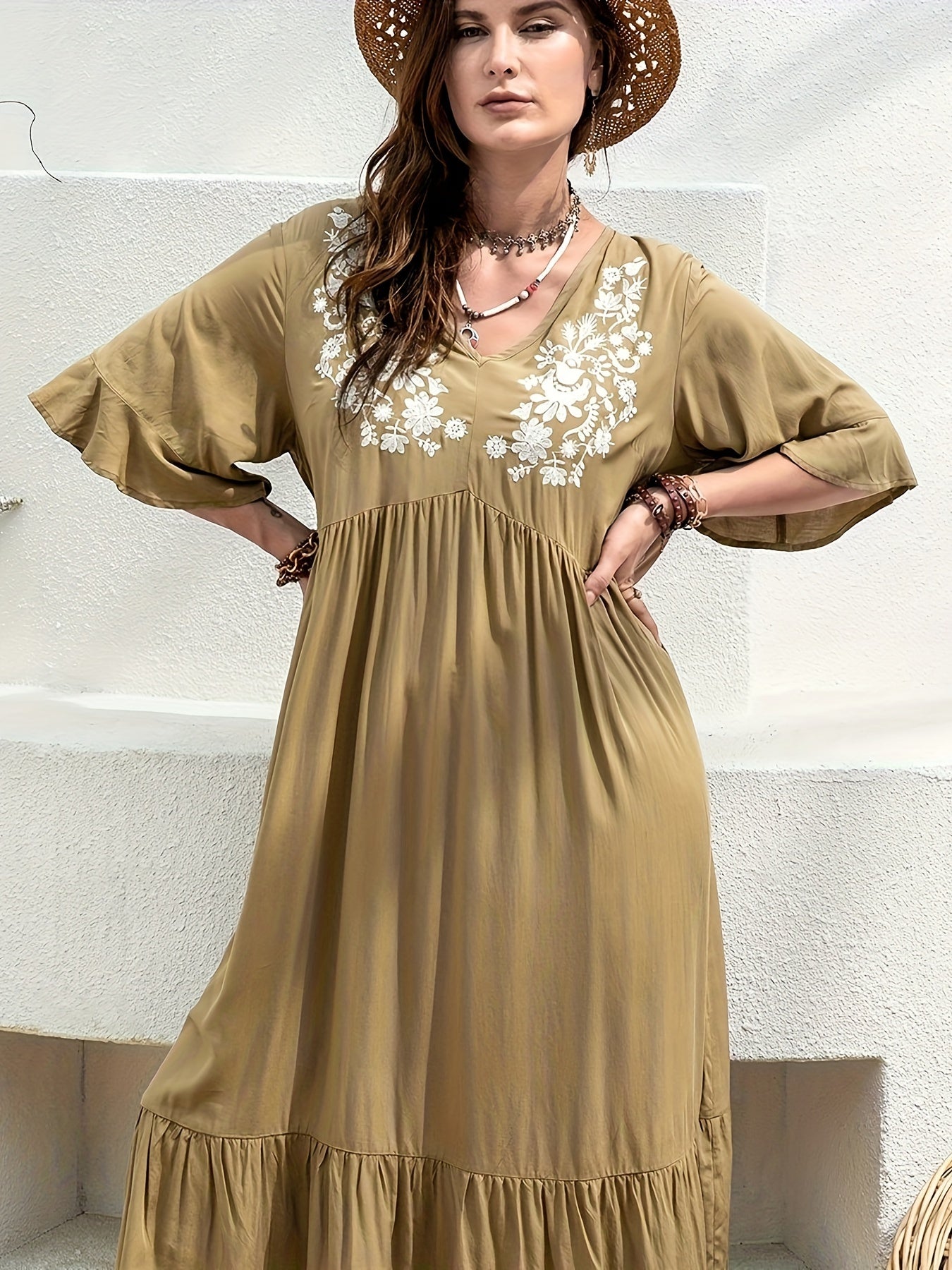  Lace Ruffle Trim V Neck Dress