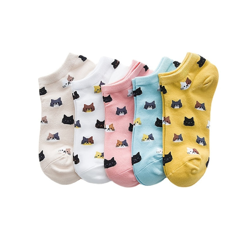 10 Pairs Cartoon Cat Print Socks Low Cut Ankle Socks Women's Stockings