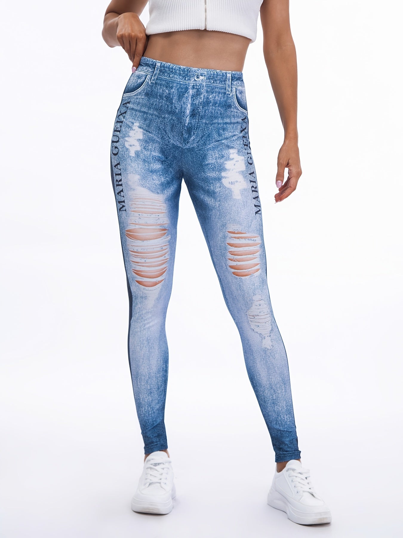 Floral Printed High Waist Leggings Faux Denim Yoga Pants