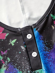  Tie Dye Butterfly Print Tank Top Round Neck Button Up Medium Stretch