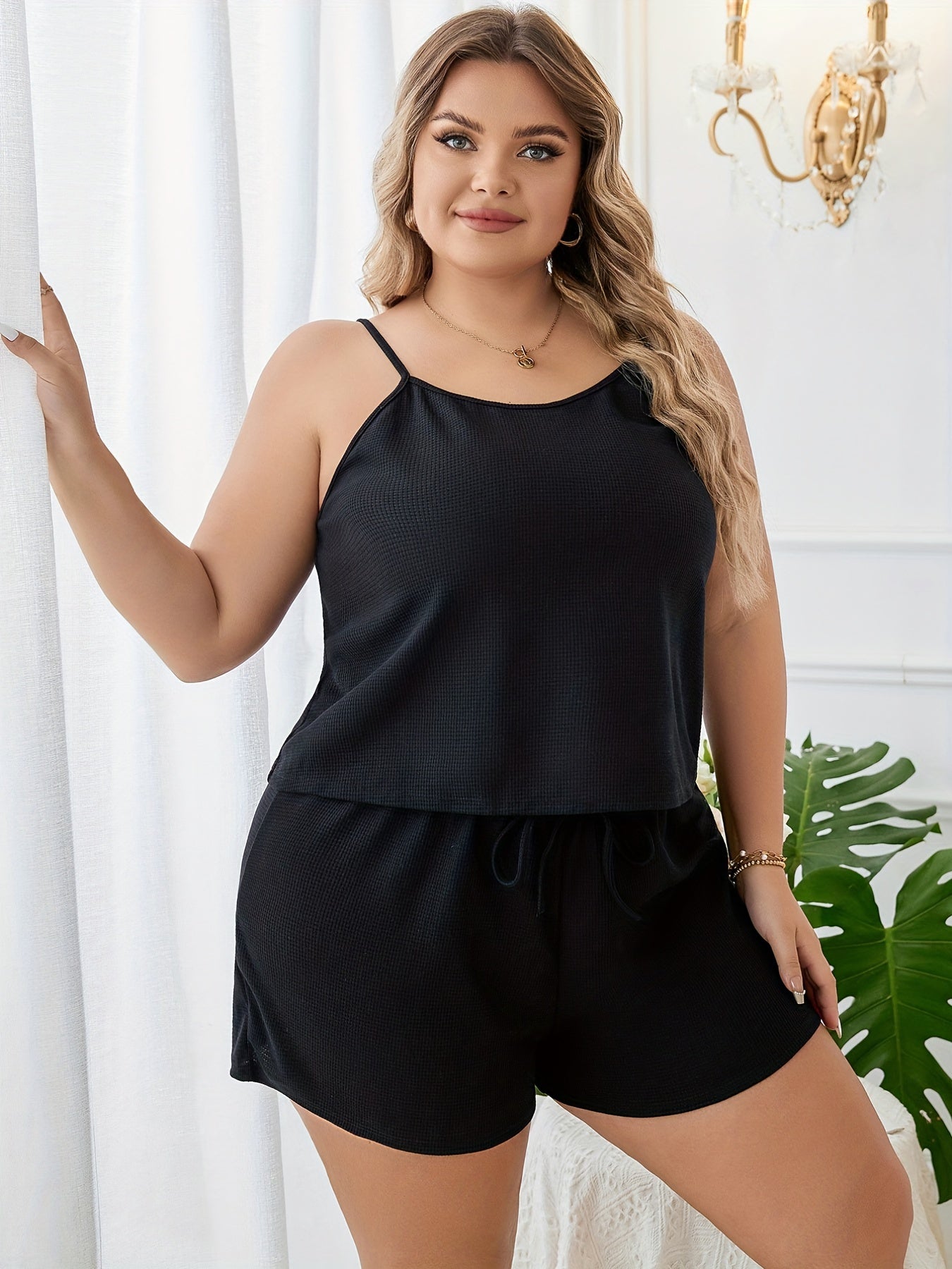  Waffle Knit Cami Top & Tie Shorts Pajama Set