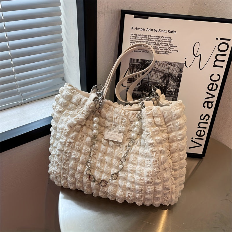 Pleated Bubbles Pearl Tote Bag Nylon Lightweight Shoulder Bag