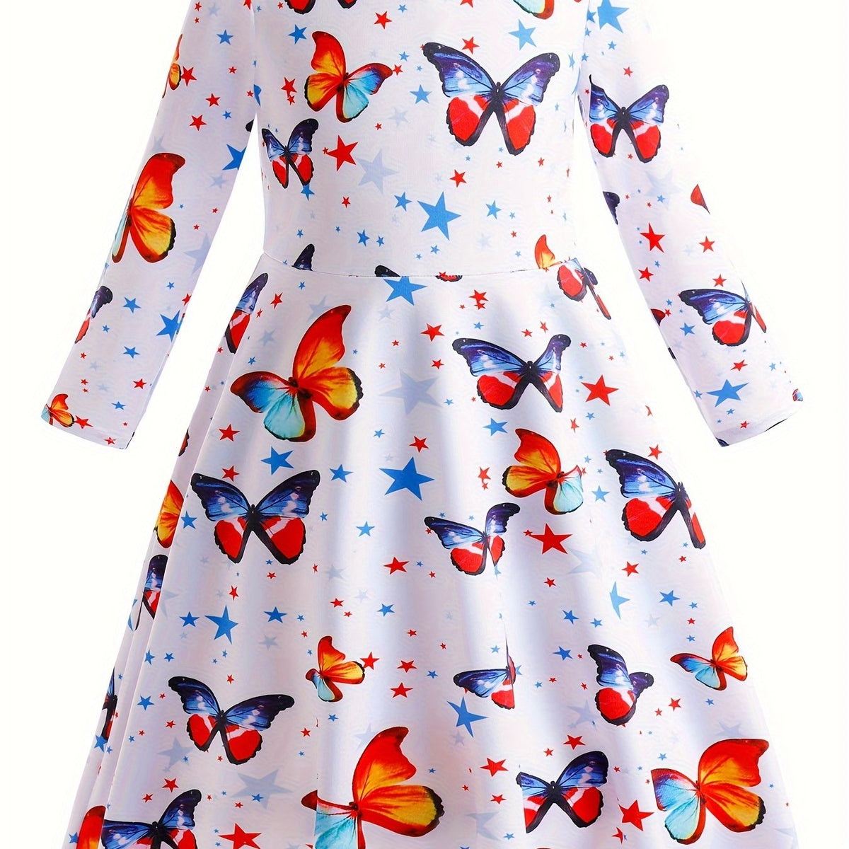 Butterfly Graphic Crew Neck Long Sleeve Dress Girls