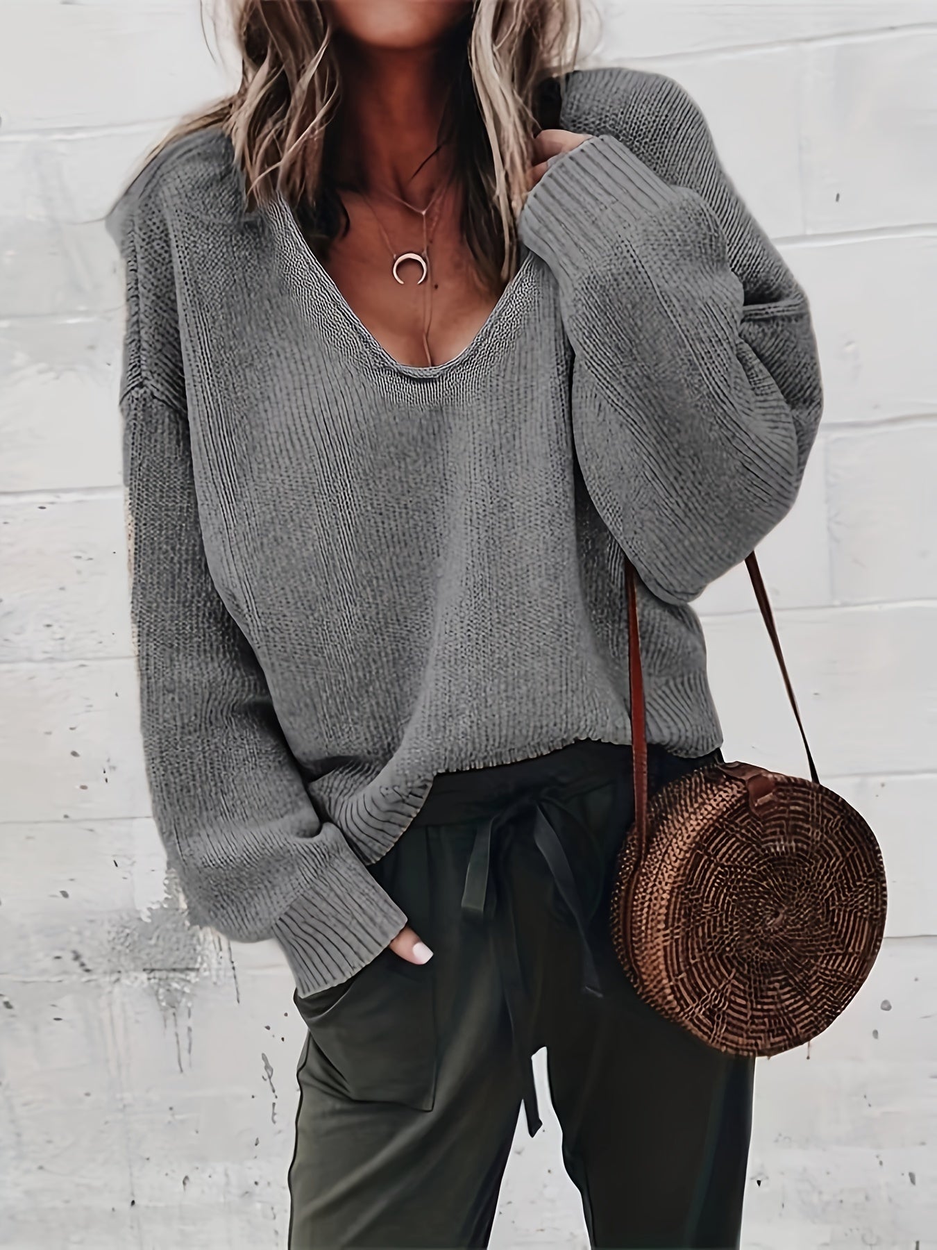  Solid Long Sleeve V Neck High Stretch Jumper