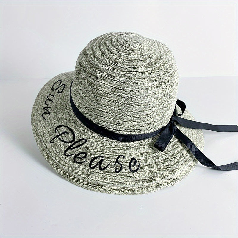 Sun Embroidery Straw Hat Ribbon Bowknot Drawstring Adjustable