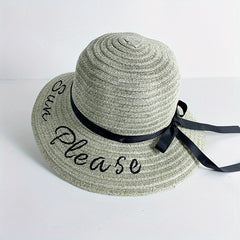 Sun Embroidery Straw Hat Ribbon Bowknot Drawstring Adjustable