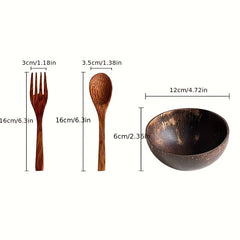 Coconut Bowl with Spoon & Fork - Natural Wooden Bowl for Salad, Soup, Dessert