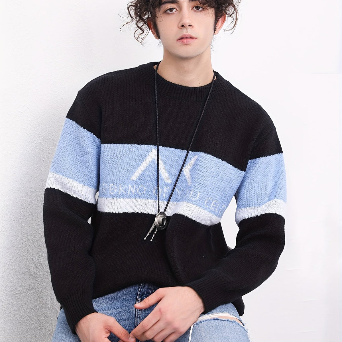 Men's Knitted Block Sweater Warm Winter Pullover