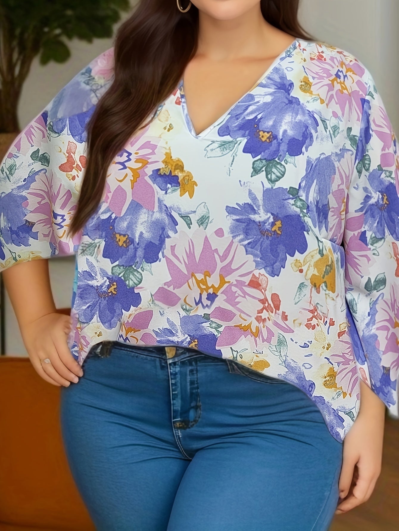  Floral Print Bell Sleeve Blouse