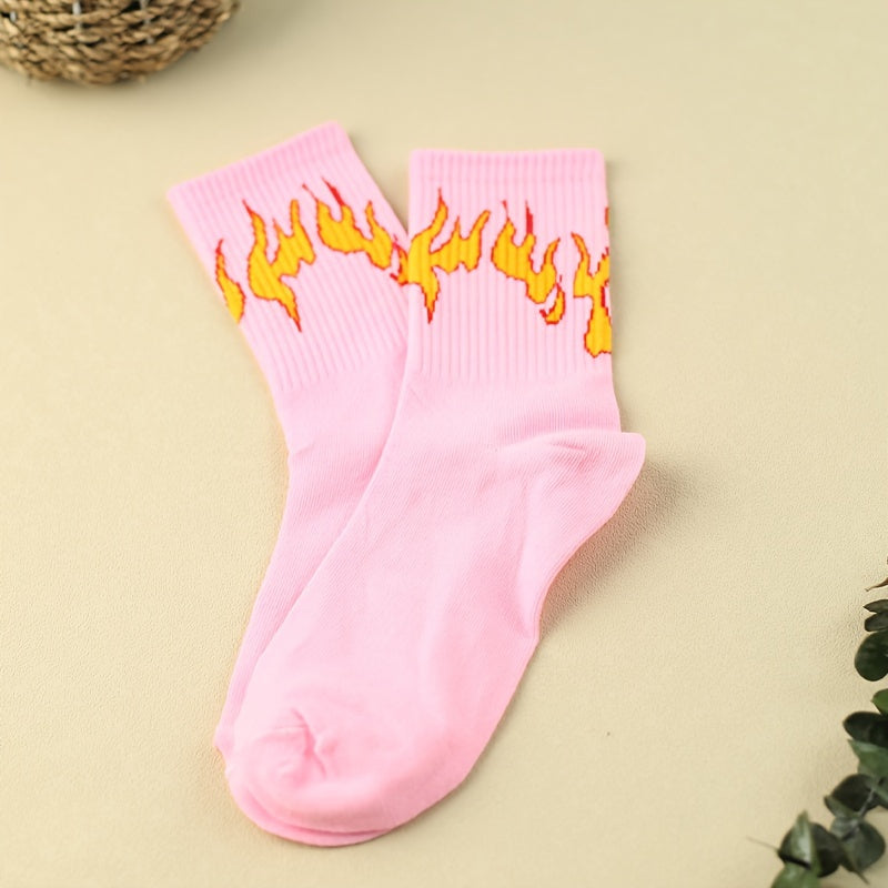 3 Pairs Flame Print Mid Tube Socks Women's Stockings