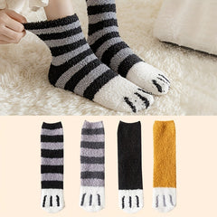 4 Pairs Cat Claw Print Socks & Soft Fuzzy Warm Socks Women's Stockings