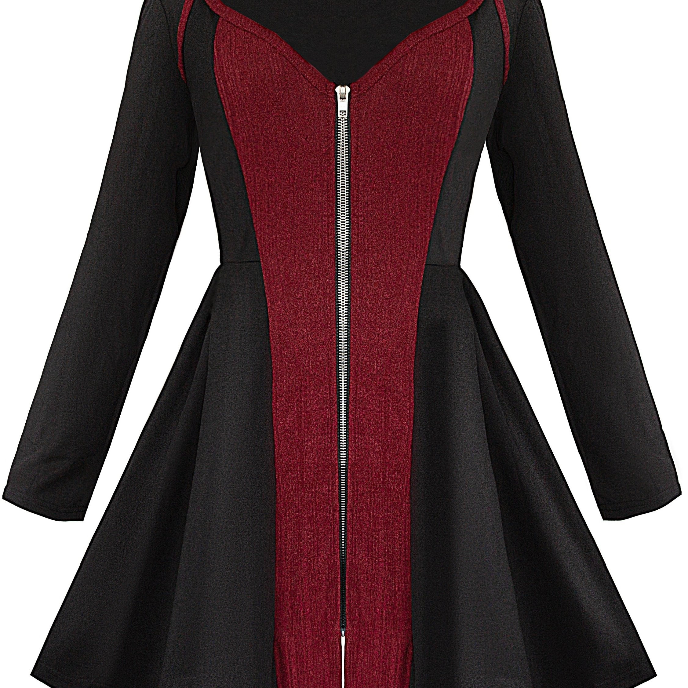  Colorblock Ribbed V Neck Zip Up Dress