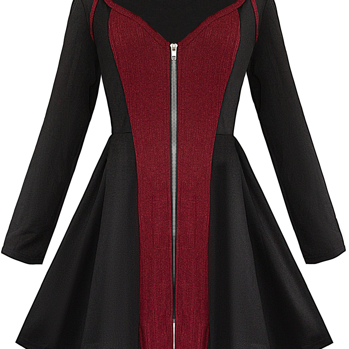  Colorblock Ribbed V Neck Zip Up Dress