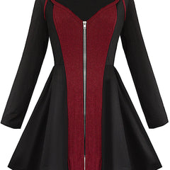  Colorblock Ribbed V Neck Zip Up Dress