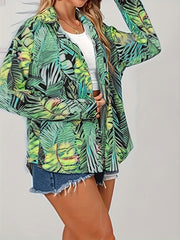  Tropical Print Blouse Long Sleeve Button Up Top