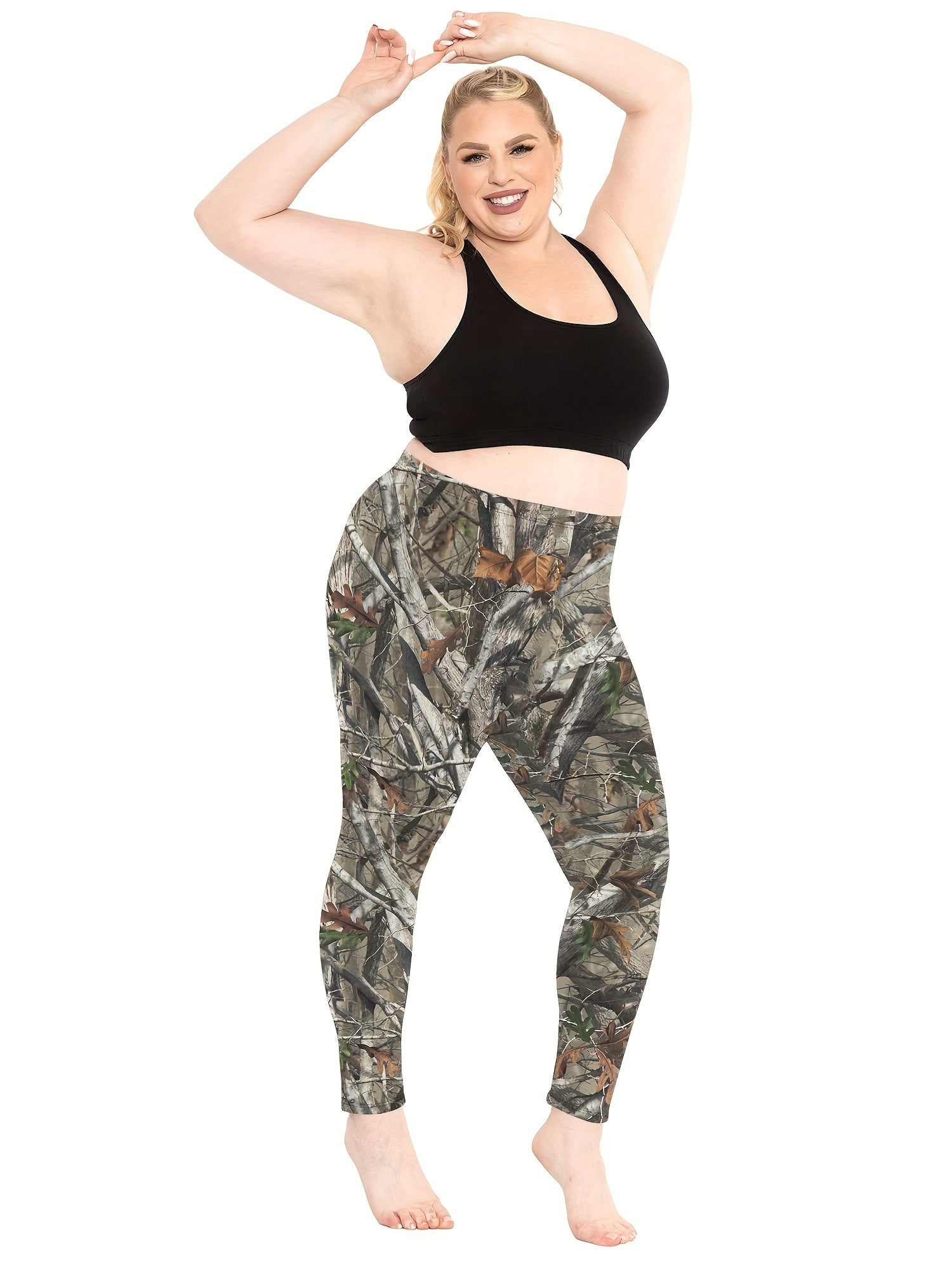  Sports Leggings Women's Plus Branch Print High Waisted Stretchy