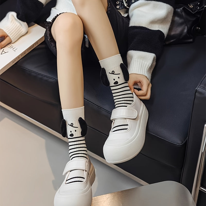 Cartoon Dog Striped Socks Women's Stockings Comfy & Mid Tube Socks