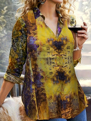 Geometric Print Distressed Blouse Button-Up Collar Shirt