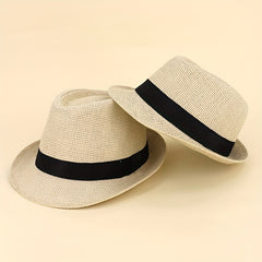 2pcs Straw Woven Belt Top Hat Sunshade Jazz Hat